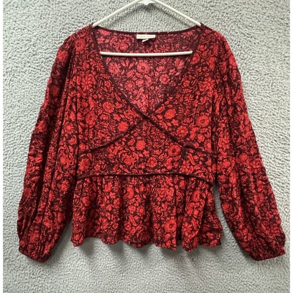 Knox Rose Blouse L Red Metallic Floral Long Sleeve V Neck Shirt Top - Picture 1 of 8